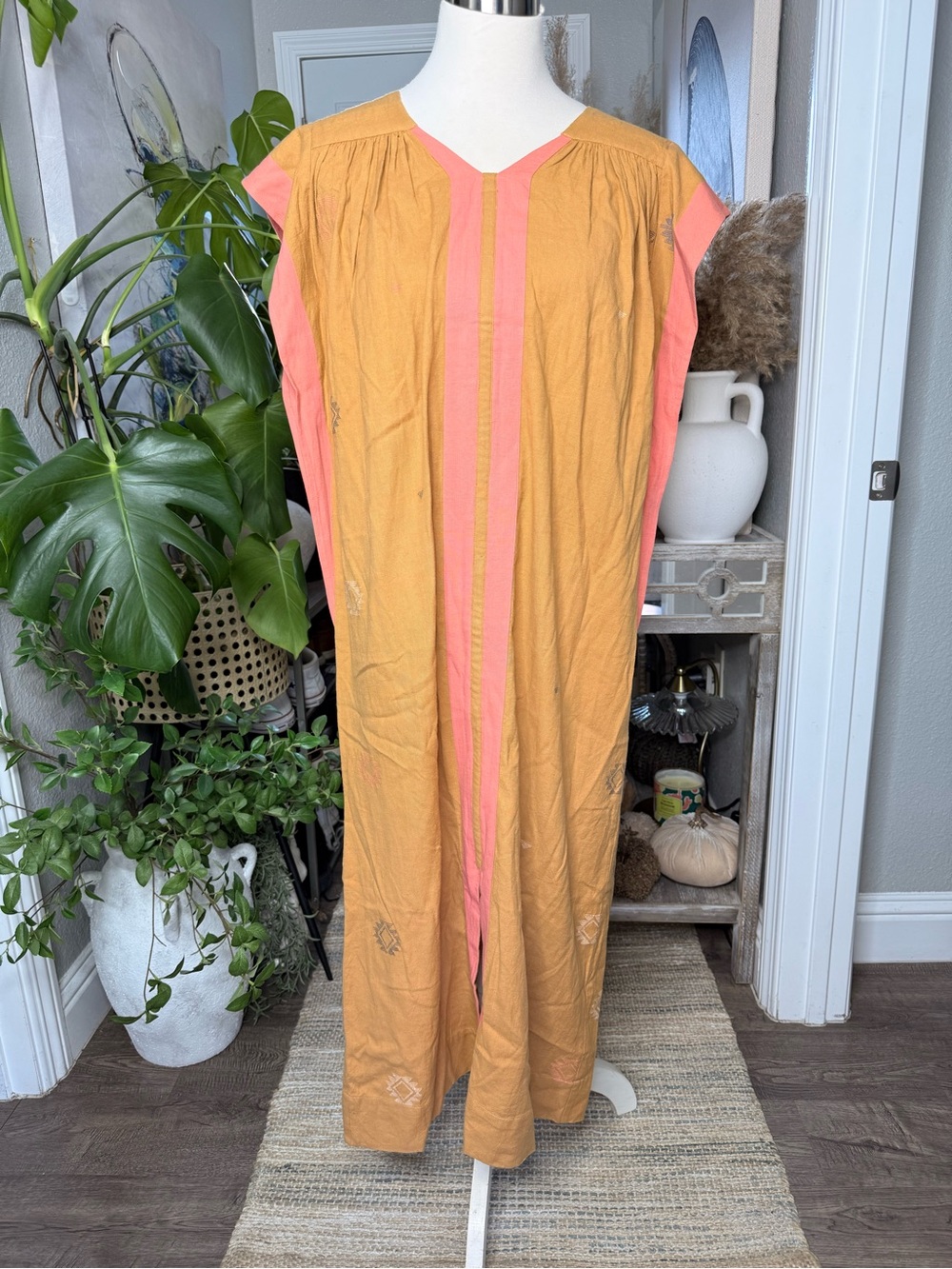 MIRTH Caftan Women's Embroidered Mustard & Coral Maxi Dress